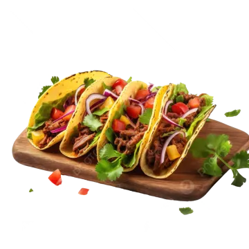 three taco beef tacoss on a wooden cutting board