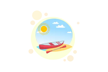 a small red boat floating in the ocean