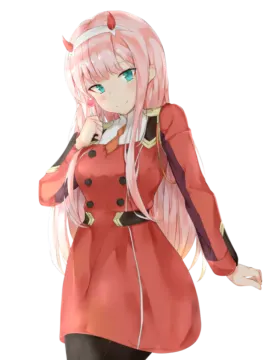 an anime girl in a red coat and black pants