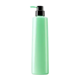 a bottle of green liquid on a white background