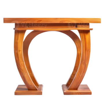 a wooden table with a curved base