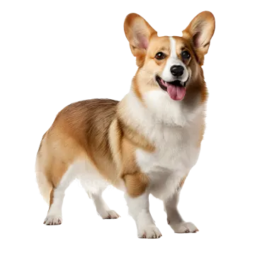 a brown and white dog standing on a white background