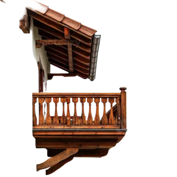a balcony with wooden railings on a white wall