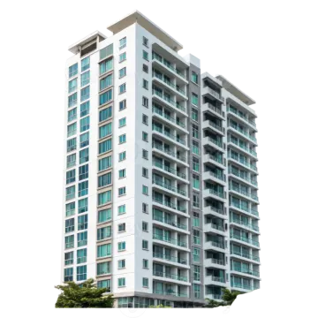 a white and gray building with many windows