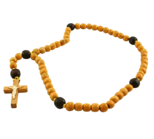 a wooden rosary with a cross on it