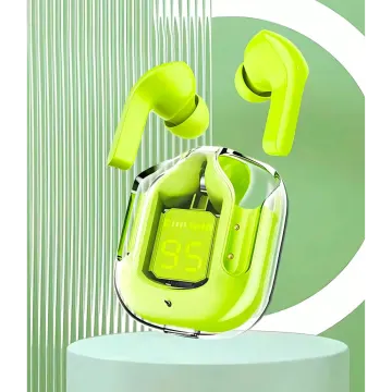 a pair of green earphones on top of a table