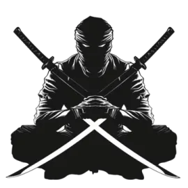 a ninja sitting on the ground with two swords in his hands