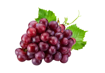 a bunch of red grapes with green leaves