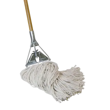 a white mop with a wooden handle
