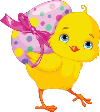 a yellow chick carrying a large easter egg