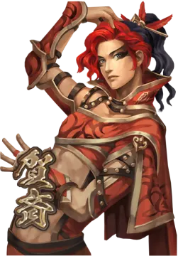 a drawing of a woman with red hair, wearing a red outfit and holding a sword