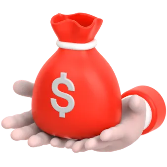 a hand holding a red bag with a dollar sign