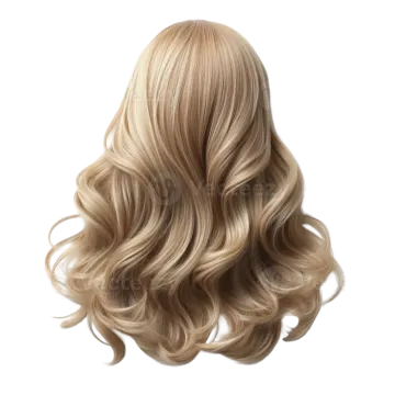 a woman with long blonde hair on a white background
