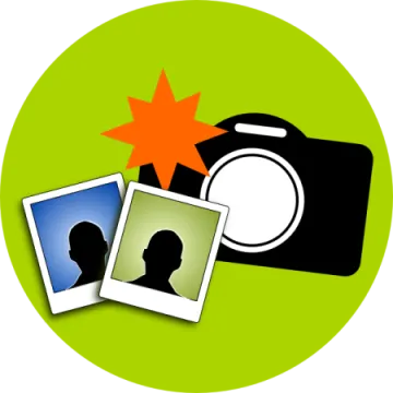 a camera and two photos on a green circle