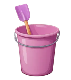 a pink bucket with a shovel in it