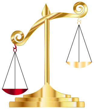 a gold balance scale on a white background