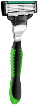 a green and black razor on a white background
