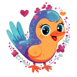 a cartoon bird with hearts and flowers around it