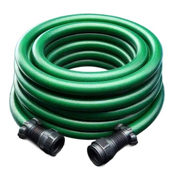 a green garden hose on a white background