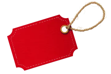 a red tag with white stitching on it