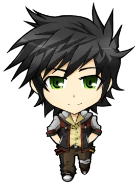 a drawing of a boy with black hair and green eyes