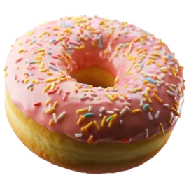a donut with pink frosting and sprinng