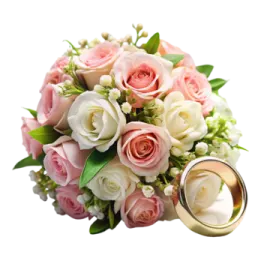 a wedding bouquet with pink and white roses