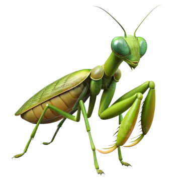 a green praying mantis on a white background