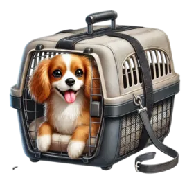 a dog in a carrier with its tongue out