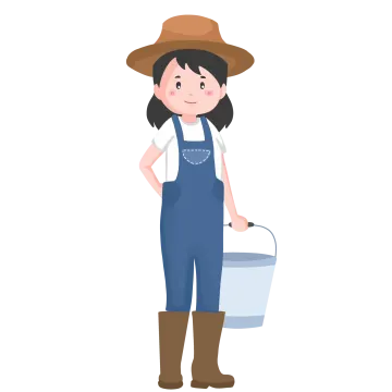a woman in overalls and hat holding a bucket