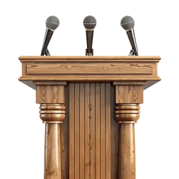 a wooden pulpit with two microphones on top