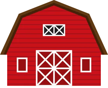 a red barn with two doors and three windows