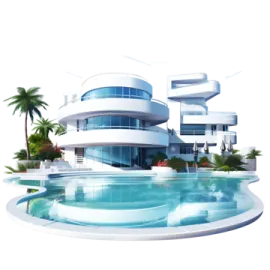 a house with a swimming pool and palm trees