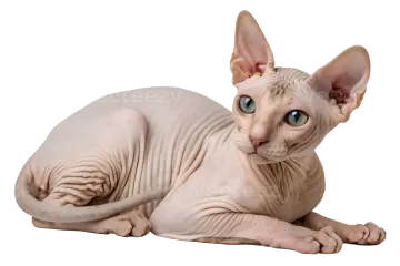a hairless cat with blue eyes laying down