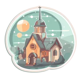 an illustration of a church in the snow
