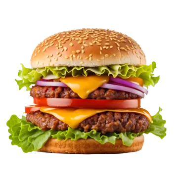 a hamburger with cheese, tomato, onion and lete