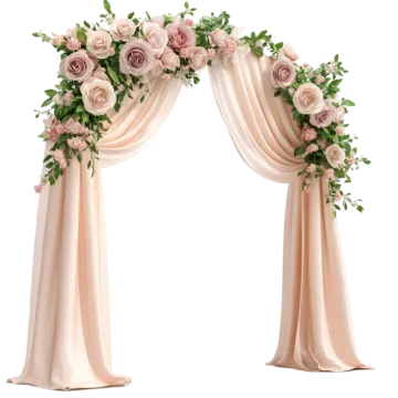 a wedding arch with pink roses and greene