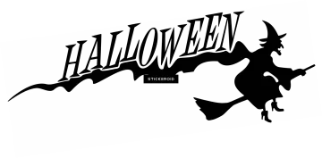 a black and white silhouette of a witch flying over the word halloween
