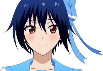 an anime girl with blue hair and red eyes