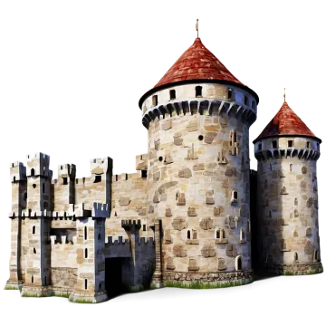 a castle with two towers and a red roof