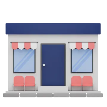 a building with two red chairs and a blue door