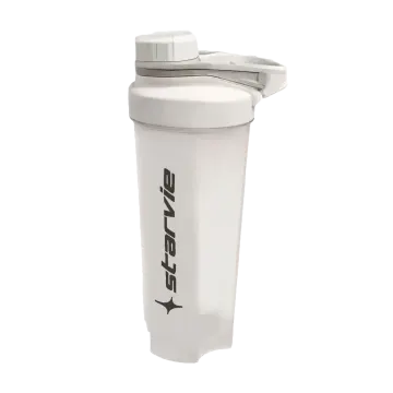 a white shaker bottle with a black logo on it
