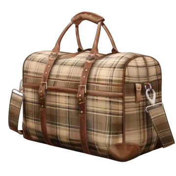 a brown and tan plaid duff with leather handles