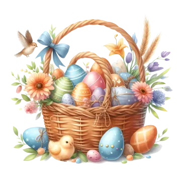 a basket filled with easter eggs and flowers