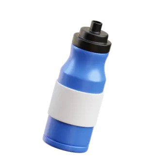 a blue and white water bottle on a white background
