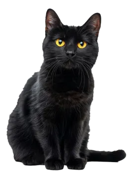 a black cat with yellow eyes sitting down