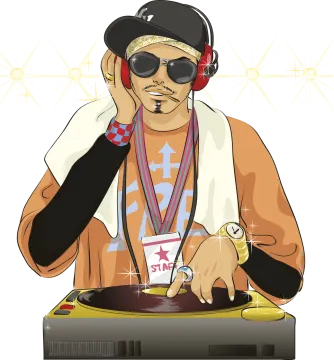 a man wearing headphones and holding a record