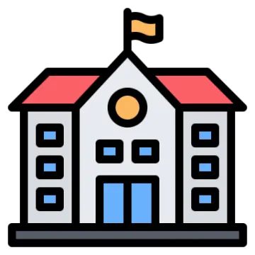 a school building with a flag on top