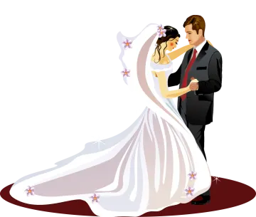 a bride and groom in their wedding gown
