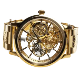 a gold watch with a black dial